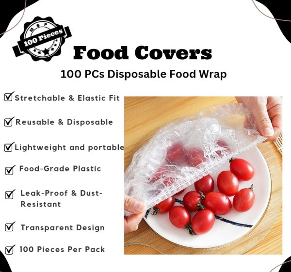 100pcs Disposable Plastic Wrap Covers, Elastic & Tight, Food-